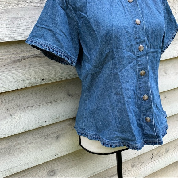 True Vintage 70s Blue Cotton Denim Ruffled Trim Button Down Short Sleeve Blouse - Picture 12 of 16